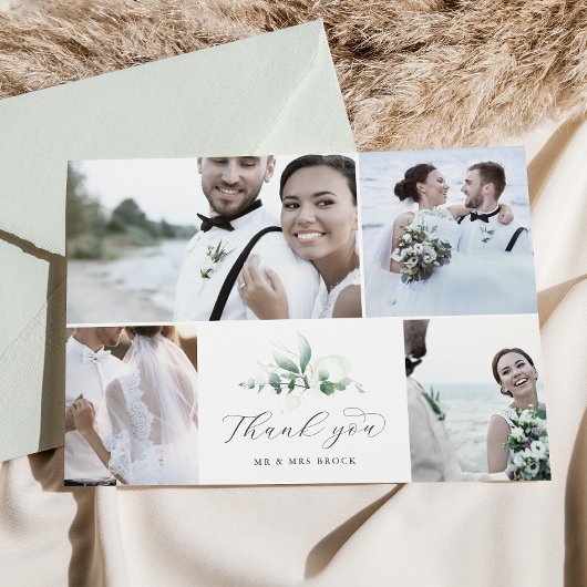 Elegant Greenery 4 Photo Collage Wedding Bedankkaart
