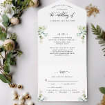 Elegant Greenery All in One Wedding Invite All In One Uitnodiging<br><div class="desc">Elegant All-in-One drieledige trouwuitnodiging met geperforeerd RSVP-briefkaart. Delicate greenery waterverf verlaat in een mengsel van verschillende groene en blauwe tinten die uw details en moderne handgeschreven kalligrafie-elementen insluiten. Milieuvriendelijk, aangezien er geen behoefte aan extra tussenvoegselkaarten, kaarten RSVP of zelfs enveloppen is, heeft deze uitnodiging het allen! De capaciteit om zowel...</div>