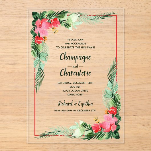 Elegant Greenery and Floral Christmas  Acryl Uitnodigingen (Voorkant)