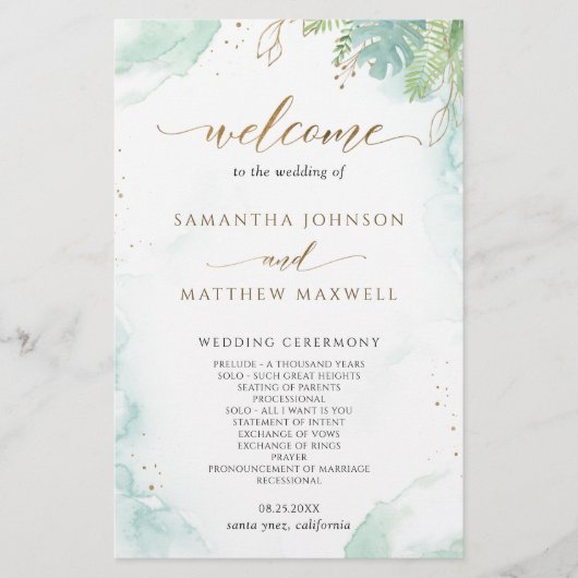 Elegant Greenery and Waterverf Wedding Programme (Voorkant)