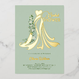 Elegant Greenery and Wedding Dress Vrijgezellenfee Folie Uitnodiging