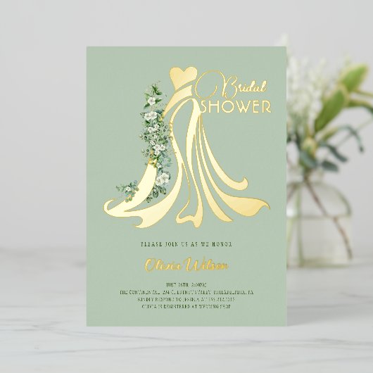 Elegant Greenery and Wedding Dress Vrijgezellenfee Folie Uitnodiging (Staand Voorkant)