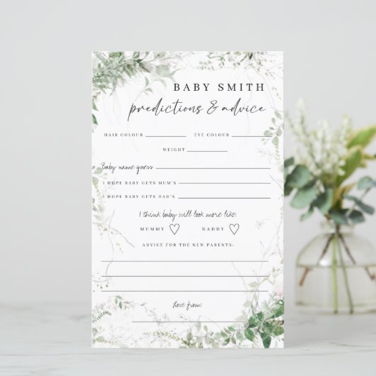 Elegant Greenery Baby shower Advice Cards (Staand voorkant)