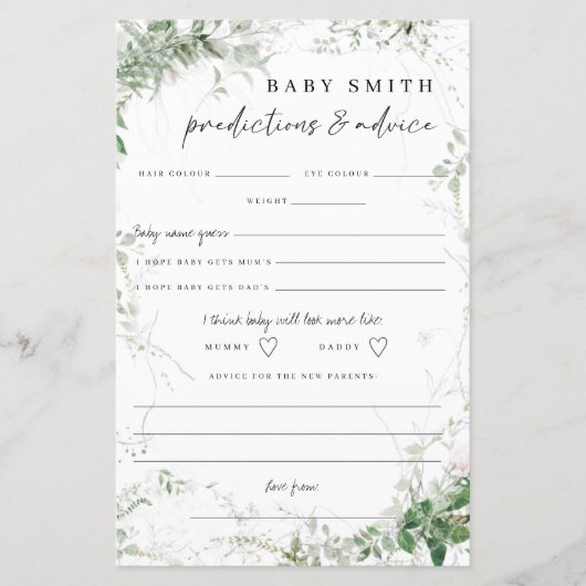 Elegant Greenery Baby shower Advice Cards (Voorkant)