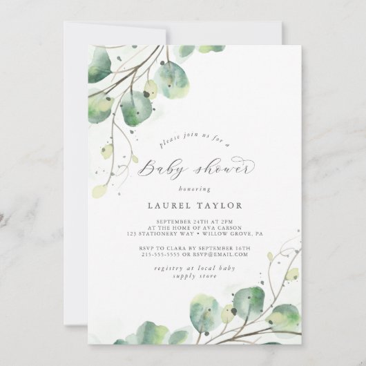 Elegant Greenery Baby shower Invitation Kaart (Voorkant)