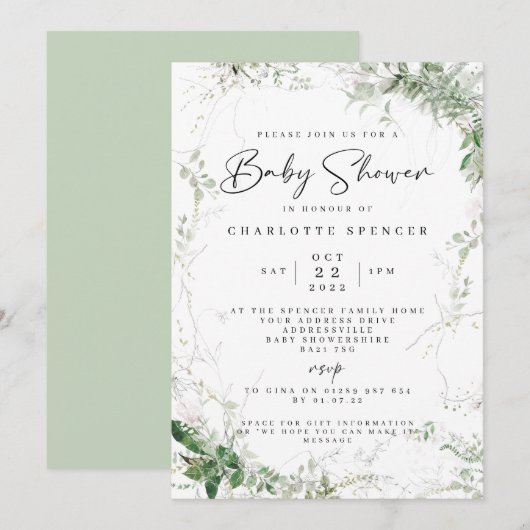 Elegant Greenery Baby shower Invitation Kaart (Voorkant / Achterkant)