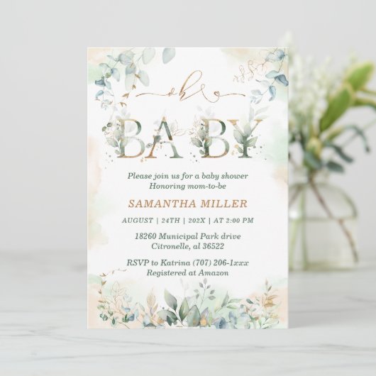 Elegant Greenery Baby shower Invitation Kaart (Staand voorkant)