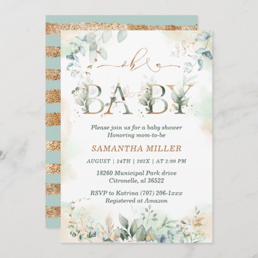Elegant Greenery Baby shower Invitation Kaart (Voorkant / Achterkant)