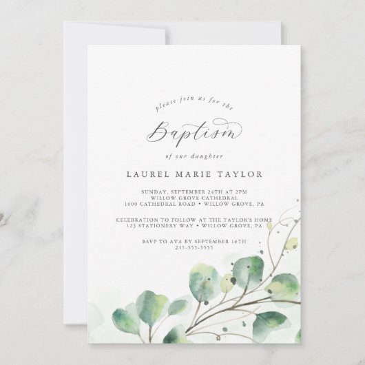 Elegant Greenery Baptism Invitation Kaart (Voorkant)