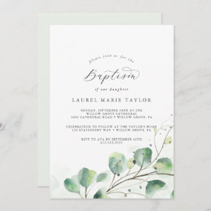 Elegant Greenery Baptism Invitation Kaart