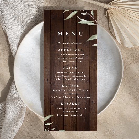 Elegant greenery barn county rustic bruiloft menu