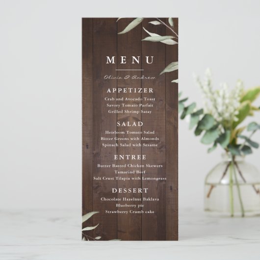 Elegant greenery barn county rustic bruiloft menu (Staand voorkant)