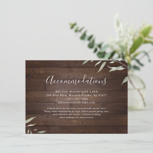 Elegant greenery barn wood rustic accommodaties informatiekaartje (Staand voorkant)