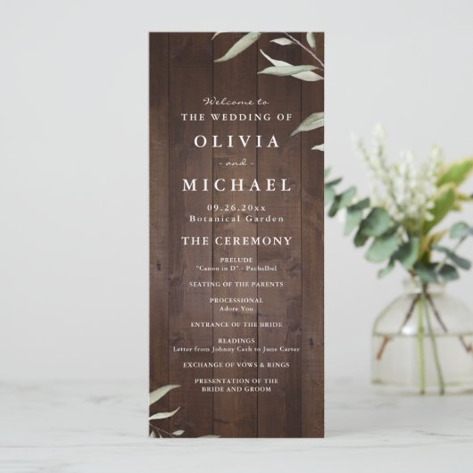 Elegant greenery barn wood rustige bruiloft menu (Staand voorkant)