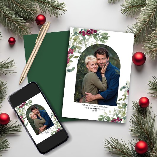 Elegant Greenery Berries Arch kerstfoto Feestdagenkaart