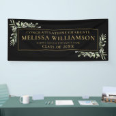 Elegant Greenery Black en Gold Afstuderen Spandoek (Beurs)