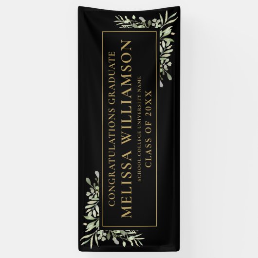 Elegant Greenery Black en Gold Afstuderen Spandoek (Verticaal)