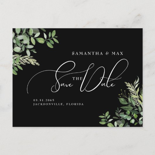 Elegant Greenery Black Photo Save the Date Aankondigingskaart (Voorkant)
