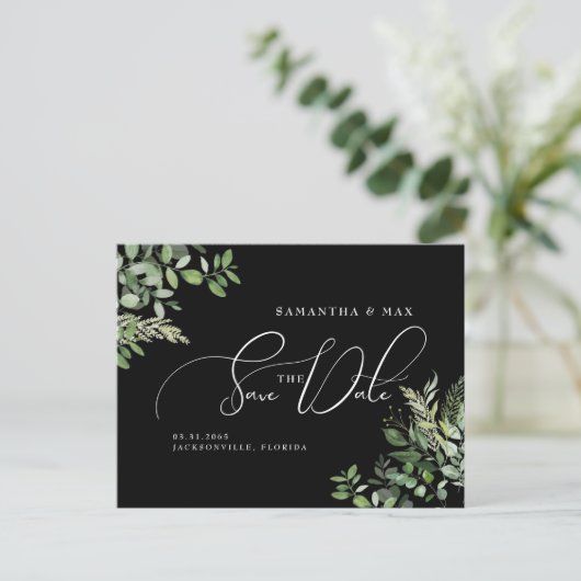 Elegant Greenery Black Photo Save the Date Briefkaart (Staand voorkant)