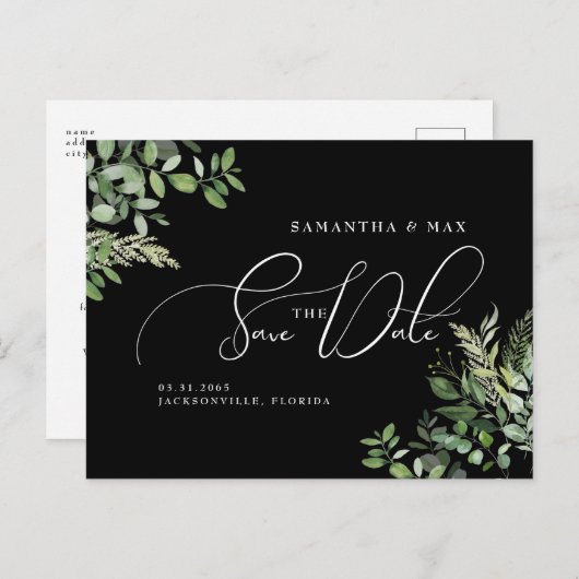 Elegant Greenery Black Photo Save the Date Briefkaart (Voorkant / Achterkant)