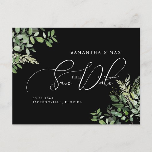 Elegant Greenery Black Photo Save the Date Briefkaart (Voorkant)