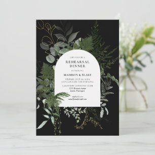 Elegant Greenery Black Wedding Rehearsal Dinner Kaart
