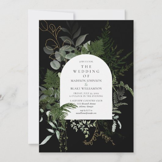 Elegant Greenery Black White Wedding Kaart (Voorkant)