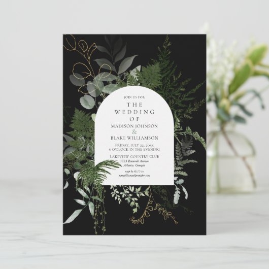 Elegant Greenery Black White Wedding Kaart (Staand voorkant)