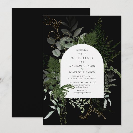 Elegant Greenery Black White Wedding Kaart (Voorkant / Achterkant)