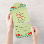Elegant Greenery Blue Red Roses Floral Wedding All In One Uitnodiging (Afscheurbaar)