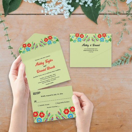 Elegant Greenery Blue Red Roses Floral Wedding All In One Uitnodiging