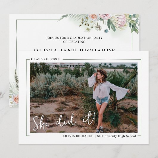 Elegant Greenery Boho Floral Graduation Party Invi Kaart (Voorkant / Achterkant)