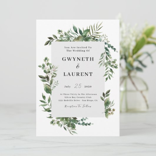 Elegant Greenery Border Wedding Kaart (Staand voorkant)