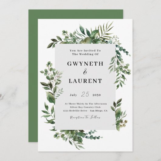 Elegant Greenery Border Wedding Kaart (Voorkant / Achterkant)