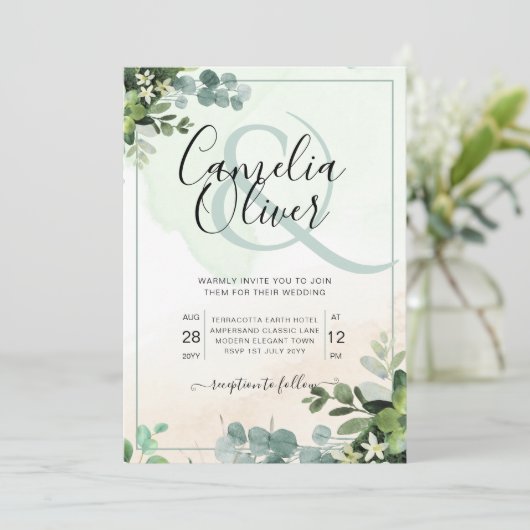 Elegant Greenery Botanical Ampersand Wedding Invit Kaart (Staand voorkant)