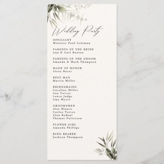 Elegant Greenery Botanical Ivory Wedding Programme Programmakaart (Achterkant)