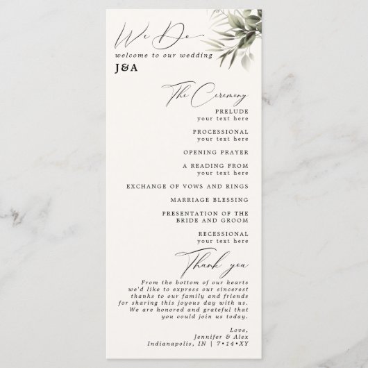 Elegant Greenery Botanical Ivory Wedding Programme Programmakaart (Voorkant)