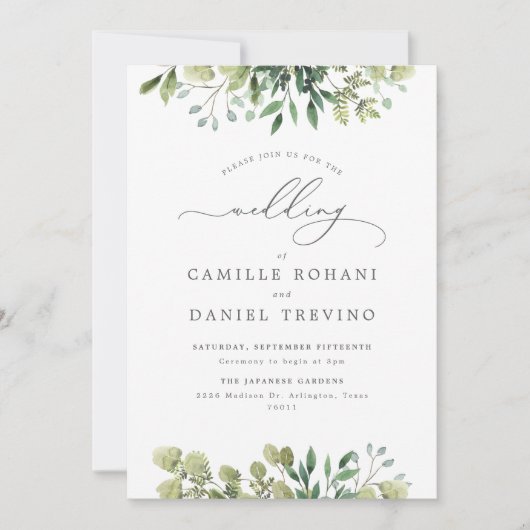Elegant Greenery Botanical Wedding Invitation Kaart (Voorkant)