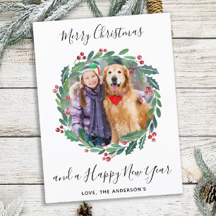 Elegant Greenery Botanical Wreatest-kerstfoto Feestdagenkaart