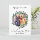 Elegant Greenery Botanical Wreatest-kerstfoto Feestdagenkaart (Staand voorkant)