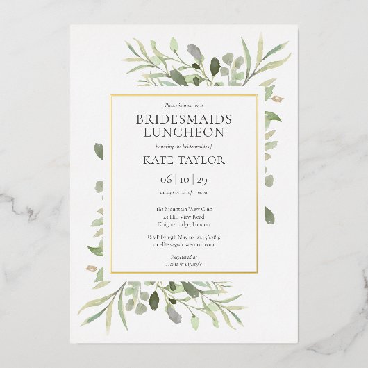 Elegant Greenery Bridesmaids Luncheon Gold Folie Uitnodiging (Voorkant)