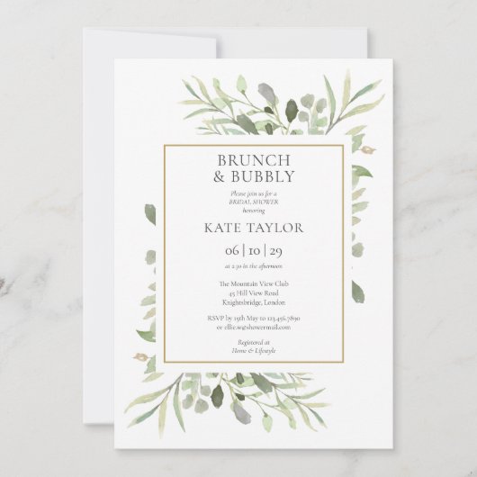 Elegant Greenery Brunch en Bubble Vrijgezellenfees Kaart (Voorkant)