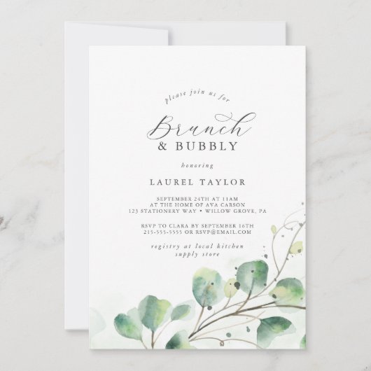 Elegant Greenery Brunch en Bubble Vrijgezellenfees Kaart (Voorkant)