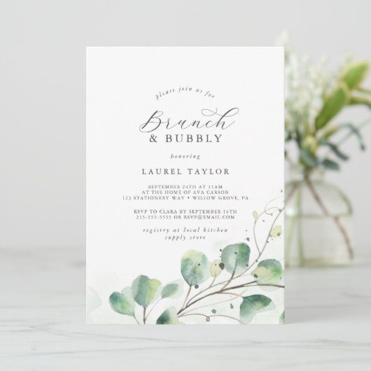 Elegant Greenery Brunch en Bubble Vrijgezellenfees Kaart (Staand voorkant)