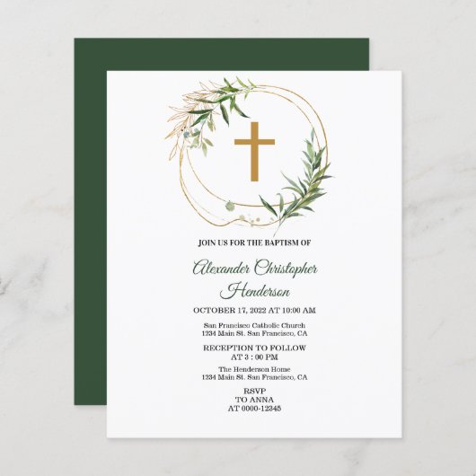 Elegant Greenery/BUDGET/Baptism Invitation. (Voorkant / Achterkant)