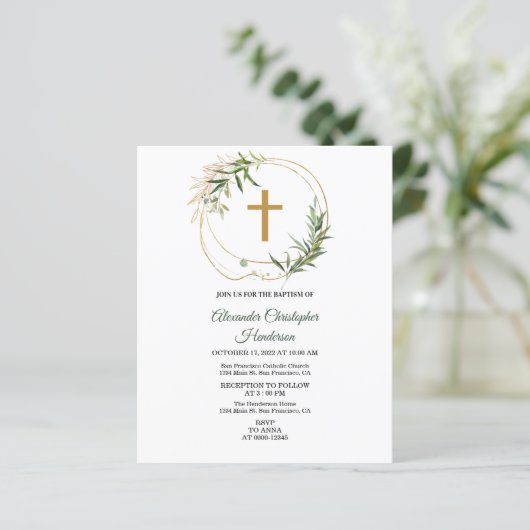 Elegant Greenery/BUDGET/Baptism Invitation. (Staand voorkant)