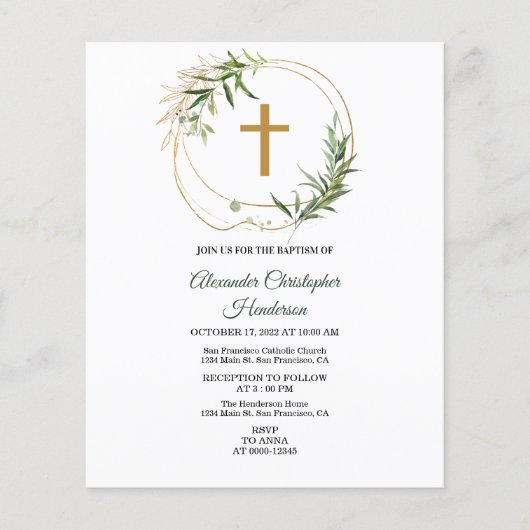 Elegant Greenery/BUDGET/Baptism Invitation. (Voorkant)