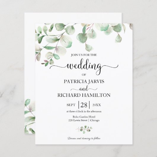 Elegant Greenery Budget Wedding Uitnodiging (Voorkant / Achterkant)