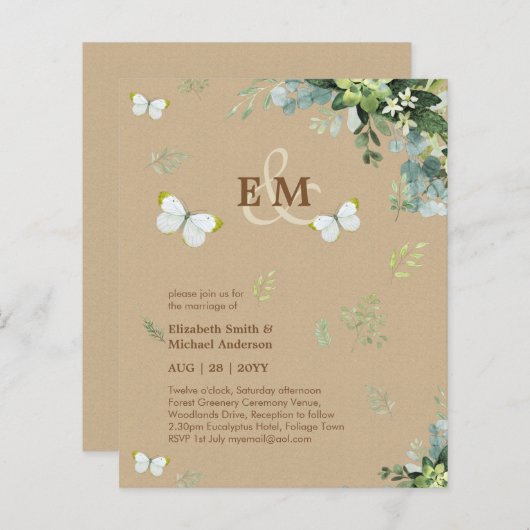 Elegant Greenery Butterflies Wedding Invitations (Voorkant / Achterkant)