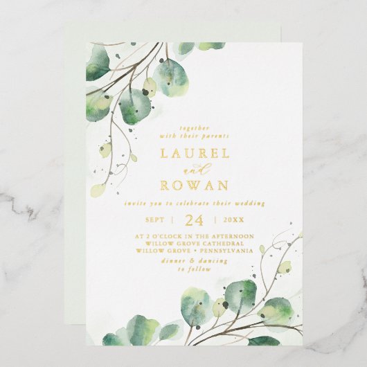 Elegant Greenery Casual Gold Foil Wedding Folie Uitnodiging (Voorkant / Achterkant)